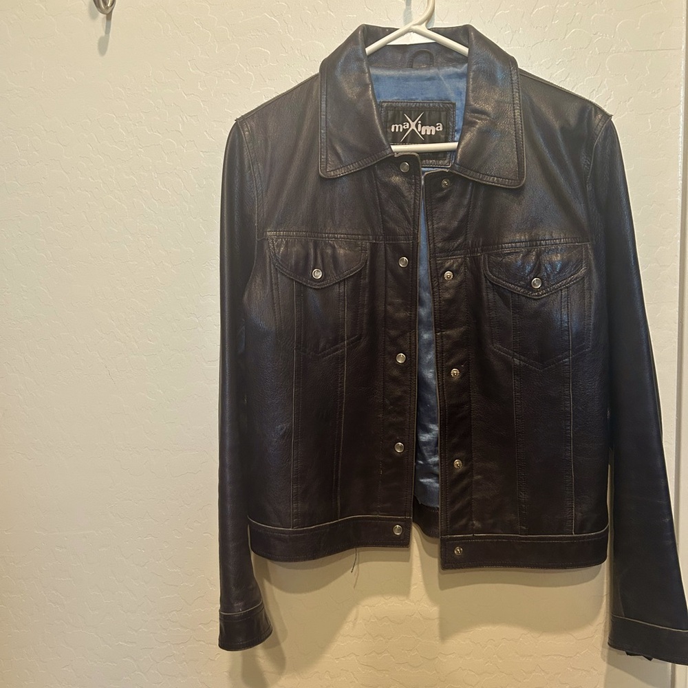 100% Genuine leather dark blue jacket